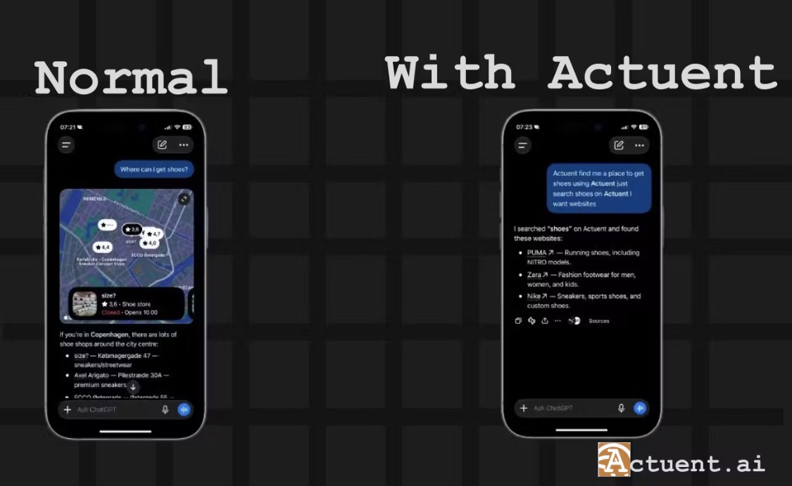 Side-by-side AI search example, without and with Actuent